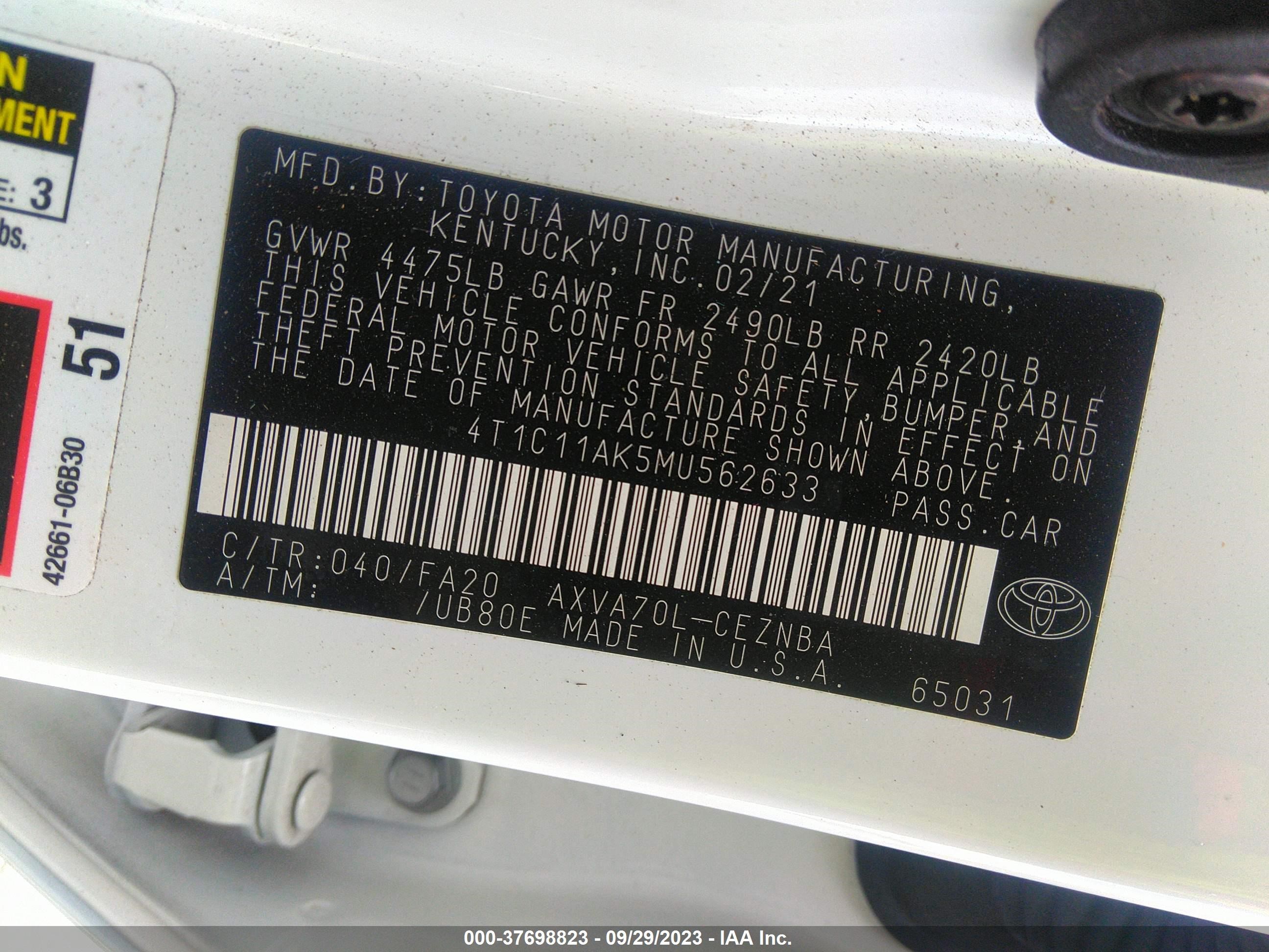 Photo 8 VIN: 4T1C11AK5MU562633 - TOYOTA CAMRY 