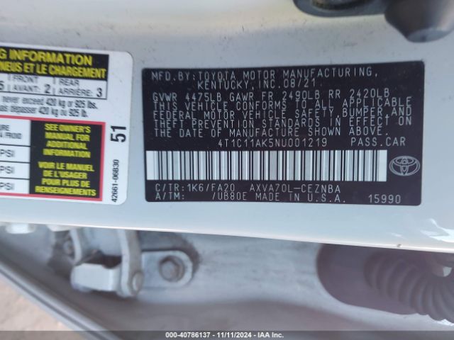 Photo 8 VIN: 4T1C11AK5NU001219 - TOYOTA CAMRY 