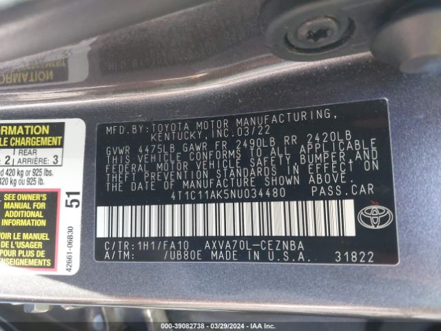 Photo 8 VIN: 4T1C11AK5NU034480 - TOYOTA CAMRY 