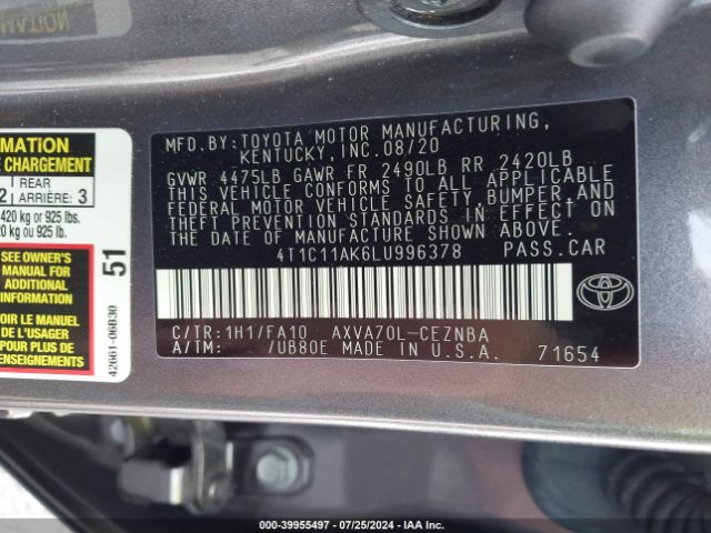 Photo 8 VIN: 4T1C11AK6LU996378 - TOYOTA CAMRY 