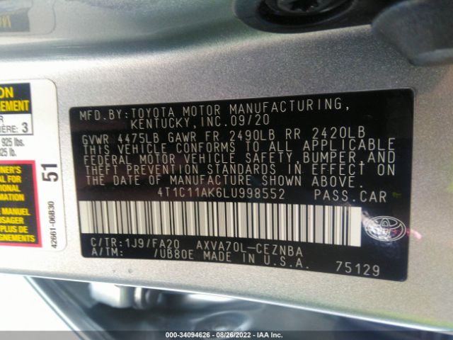 Photo 8 VIN: 4T1C11AK6LU998552 - TOYOTA CAMRY 