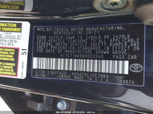 Photo 8 VIN: 4T1C11AK6NU003240 - TOYOTA CAMRY 