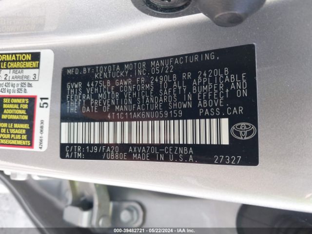 Photo 8 VIN: 4T1C11AK6NU059159 - TOYOTA CAMRY 