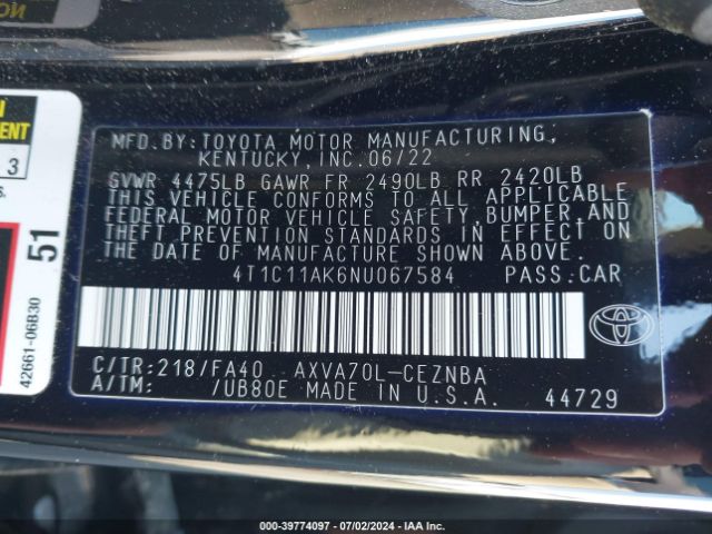 Photo 8 VIN: 4T1C11AK6NU067584 - TOYOTA CAMRY 