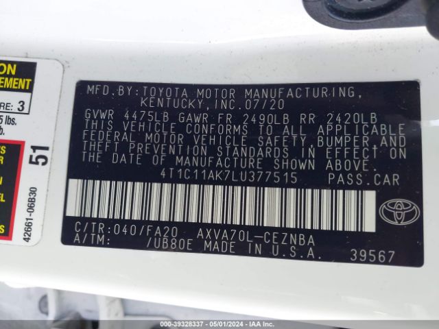 Photo 8 VIN: 4T1C11AK7LU377515 - TOYOTA CAMRY 