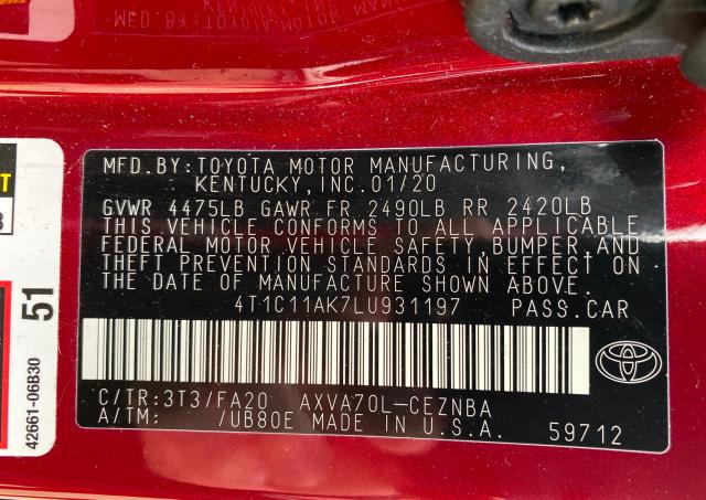 Photo 9 VIN: 4T1C11AK7LU931197 - TOYOTA CAMRY LE 