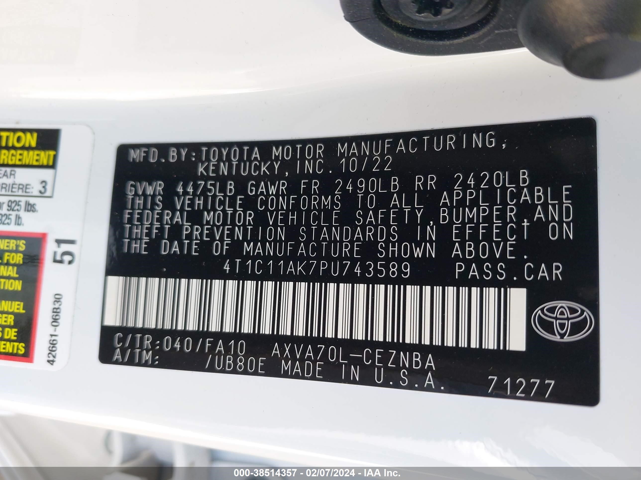 Photo 8 VIN: 4T1C11AK7PU743589 - TOYOTA CAMRY 