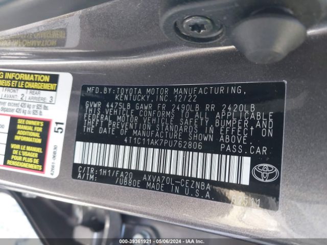 Photo 8 VIN: 4T1C11AK7PU762806 - TOYOTA CAMRY 