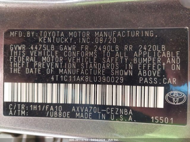 Photo 8 VIN: 4T1C11AK8LU390029 - TOYOTA CAMRY 