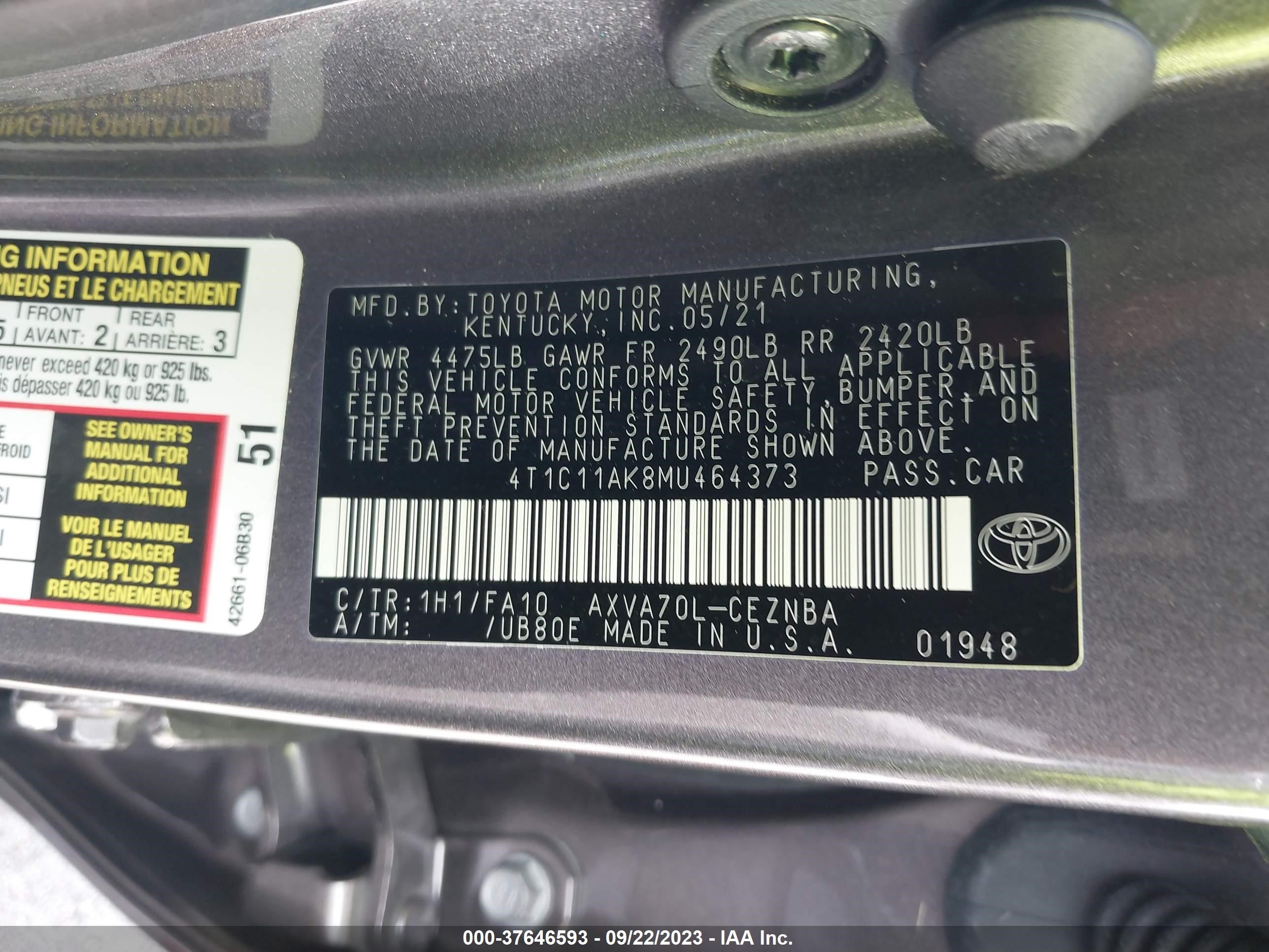 Photo 8 VIN: 4T1C11AK8MU464373 - TOYOTA CAMRY 