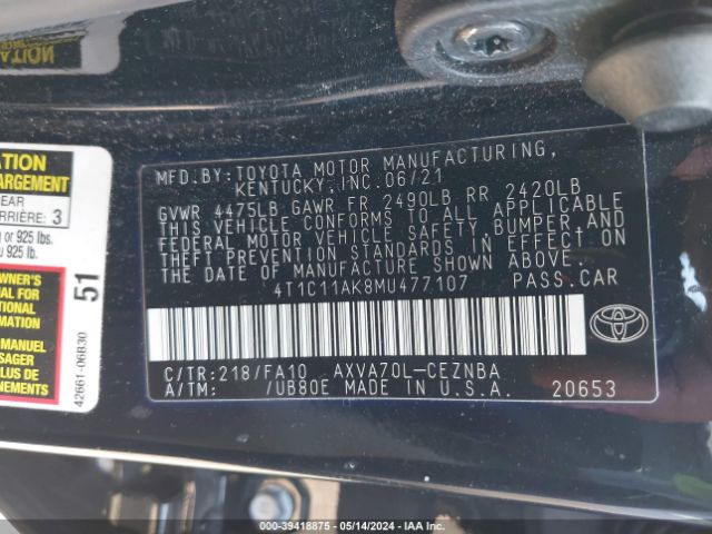 Photo 8 VIN: 4T1C11AK8MU477107 - TOYOTA CAMRY 