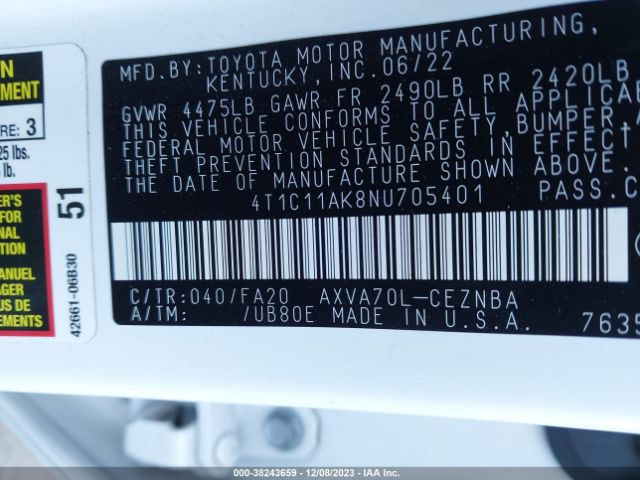 Photo 8 VIN: 4T1C11AK8NU705401 - TOYOTA CAMRY 