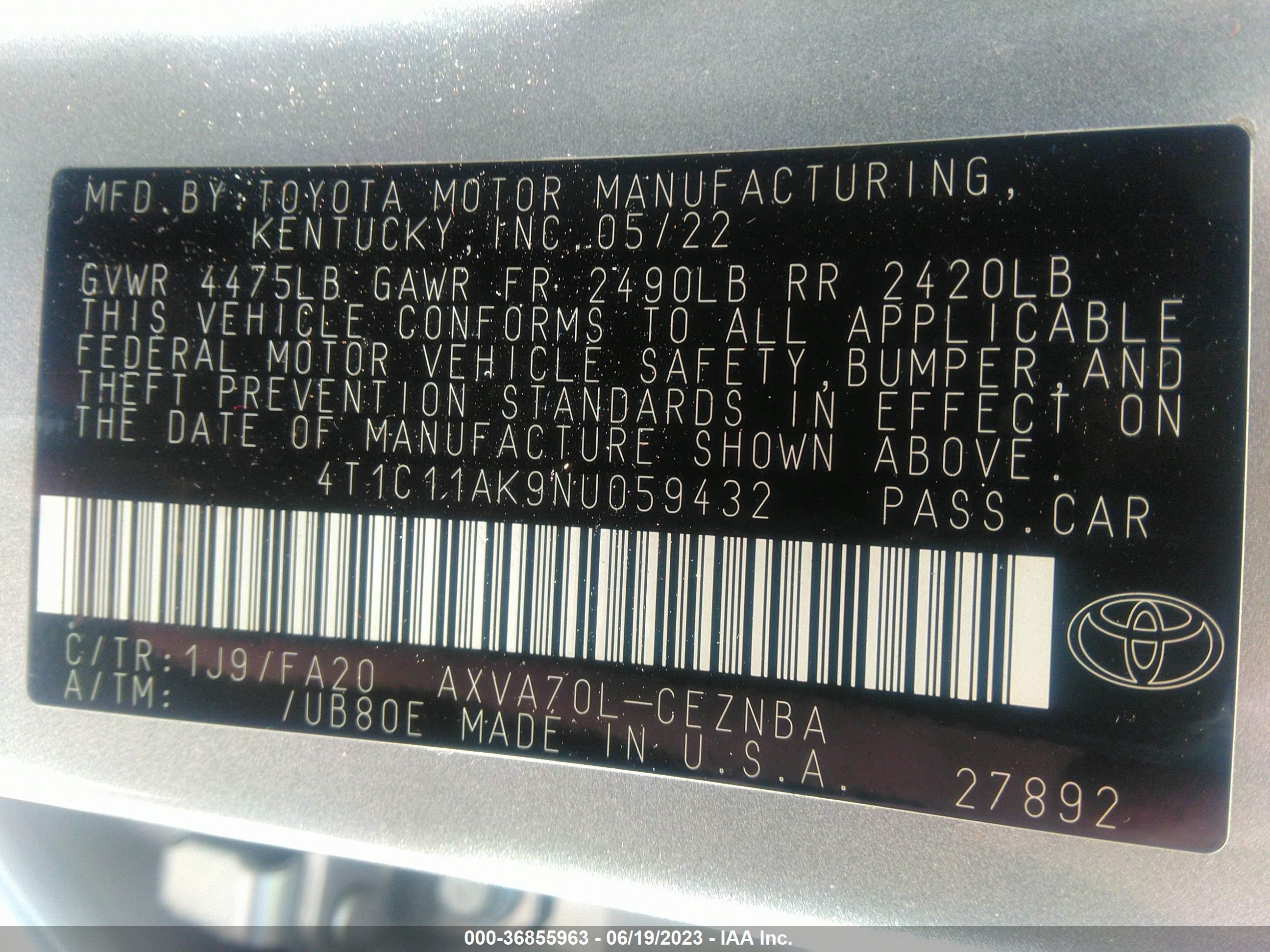 Photo 8 VIN: 4T1C11AK9NU059432 - TOYOTA CAMRY 