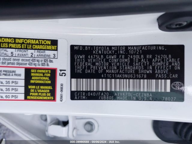 Photo 8 VIN: 4T1C11AK9NU631678 - TOYOTA CAMRY 