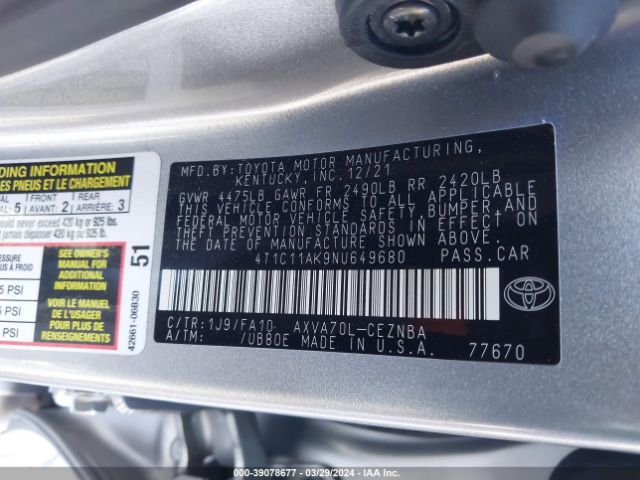 Photo 8 VIN: 4T1C11AK9NU649680 - TOYOTA CAMRY 