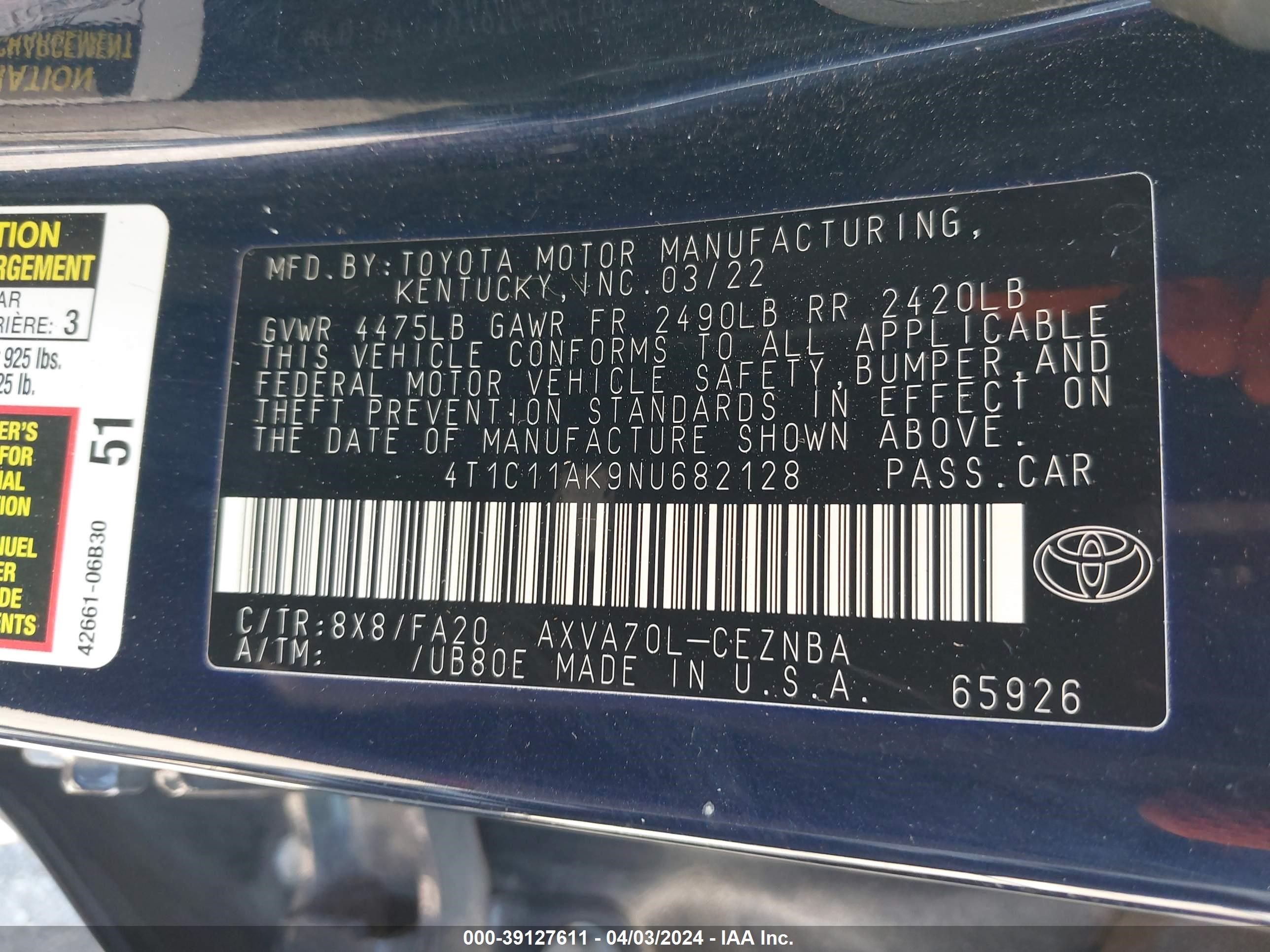 Photo 8 VIN: 4T1C11AK9NU682128 - TOYOTA CAMRY 