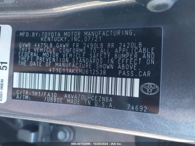 Photo 8 VIN: 4T1C11AKXMU612538 - TOYOTA CAMRY 