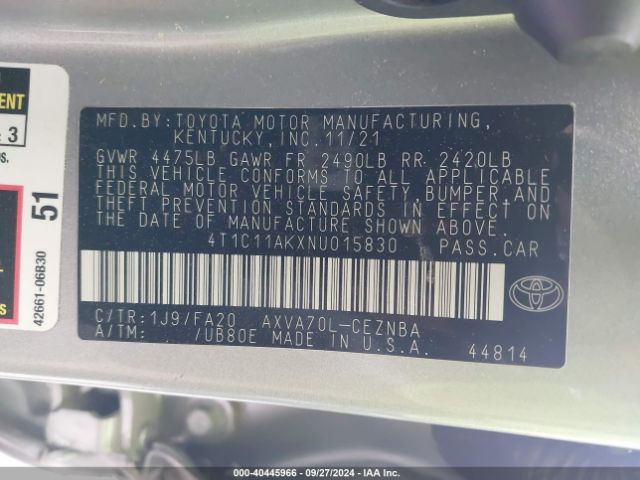 Photo 8 VIN: 4T1C11AKXNU015830 - TOYOTA CAMRY 