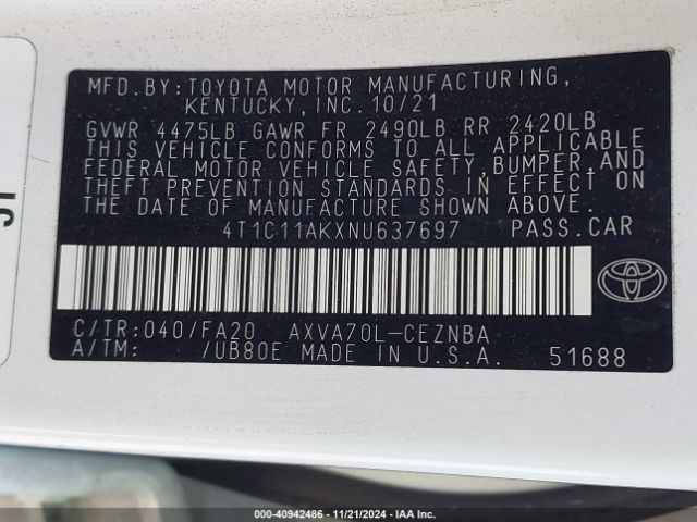 Photo 8 VIN: 4T1C11AKXNU637697 - TOYOTA CAMRY 