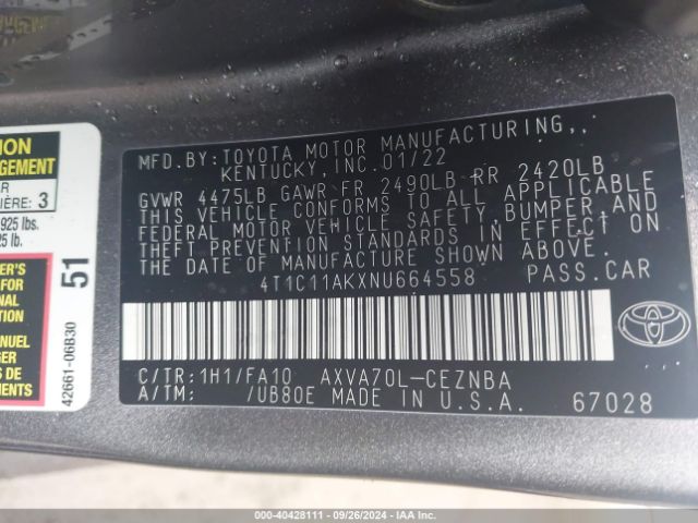 Photo 8 VIN: 4T1C11AKXNU664558 - TOYOTA CAMRY 