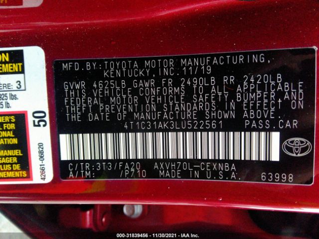 Photo 8 VIN: 4T1C31AK3LU522561 - TOYOTA CAMRY 