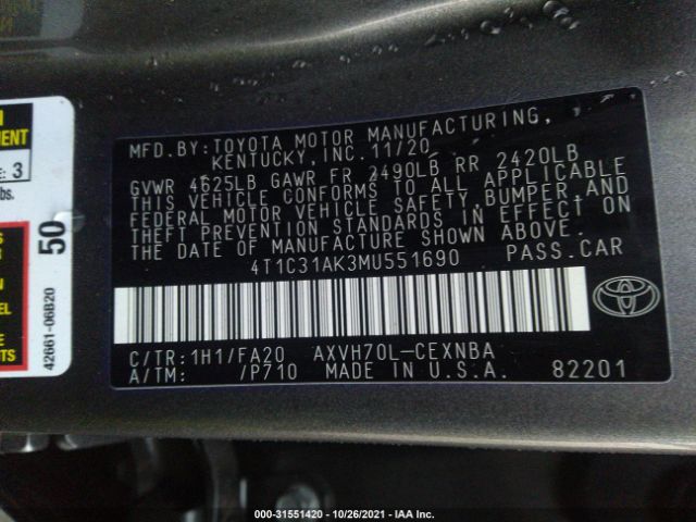 Photo 8 VIN: 4T1C31AK3MU551690 - TOYOTA CAMRY 