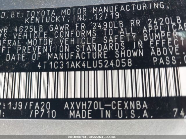 Photo 8 VIN: 4T1C31AK4LU524058 - TOYOTA CAMRY 