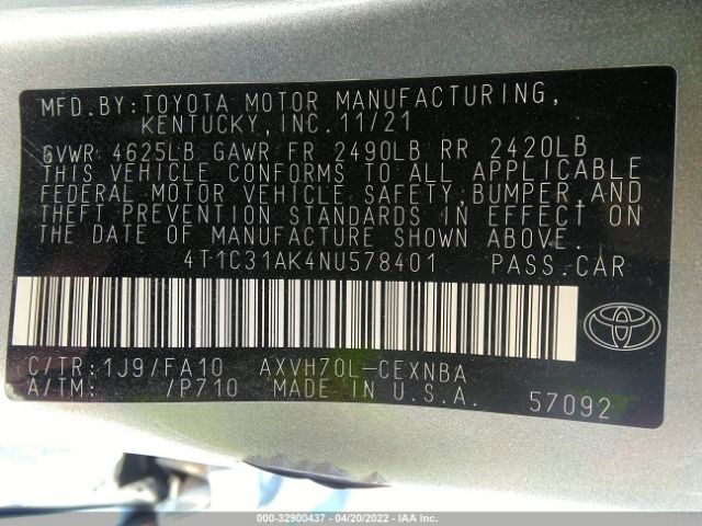 Photo 8 VIN: 4T1C31AK4NU578401 - TOYOTA CAMRY 