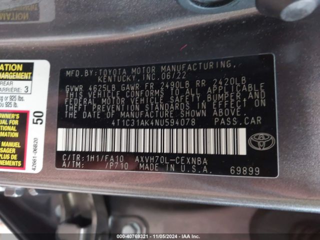 Photo 8 VIN: 4T1C31AK4NU594078 - TOYOTA CAMRY 