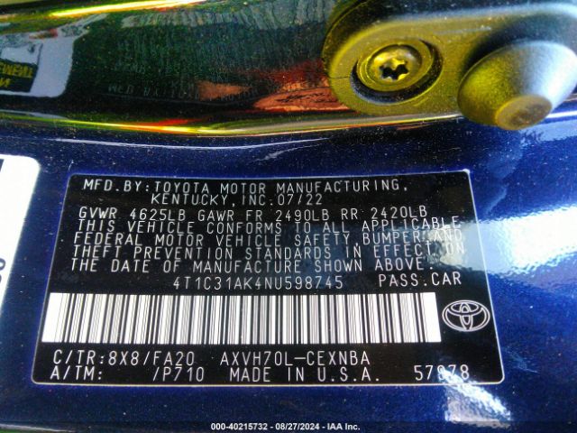 Photo 8 VIN: 4T1C31AK4NU598745 - TOYOTA CAMRY 