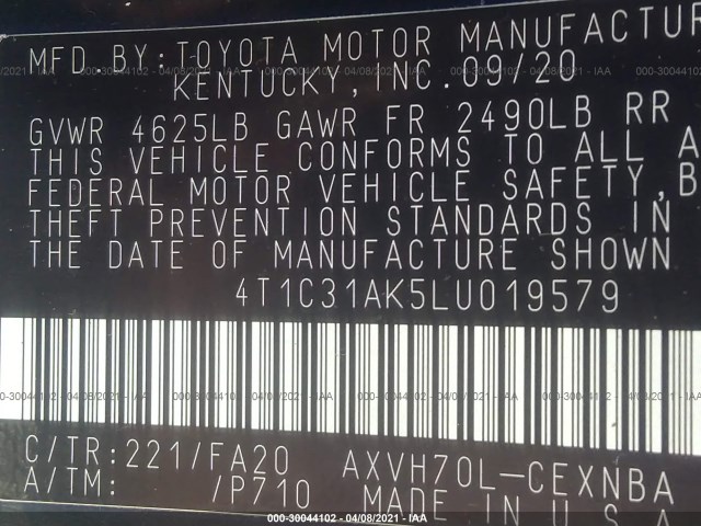 Photo 8 VIN: 4T1C31AK5LU019579 - TOYOTA CAMRY 