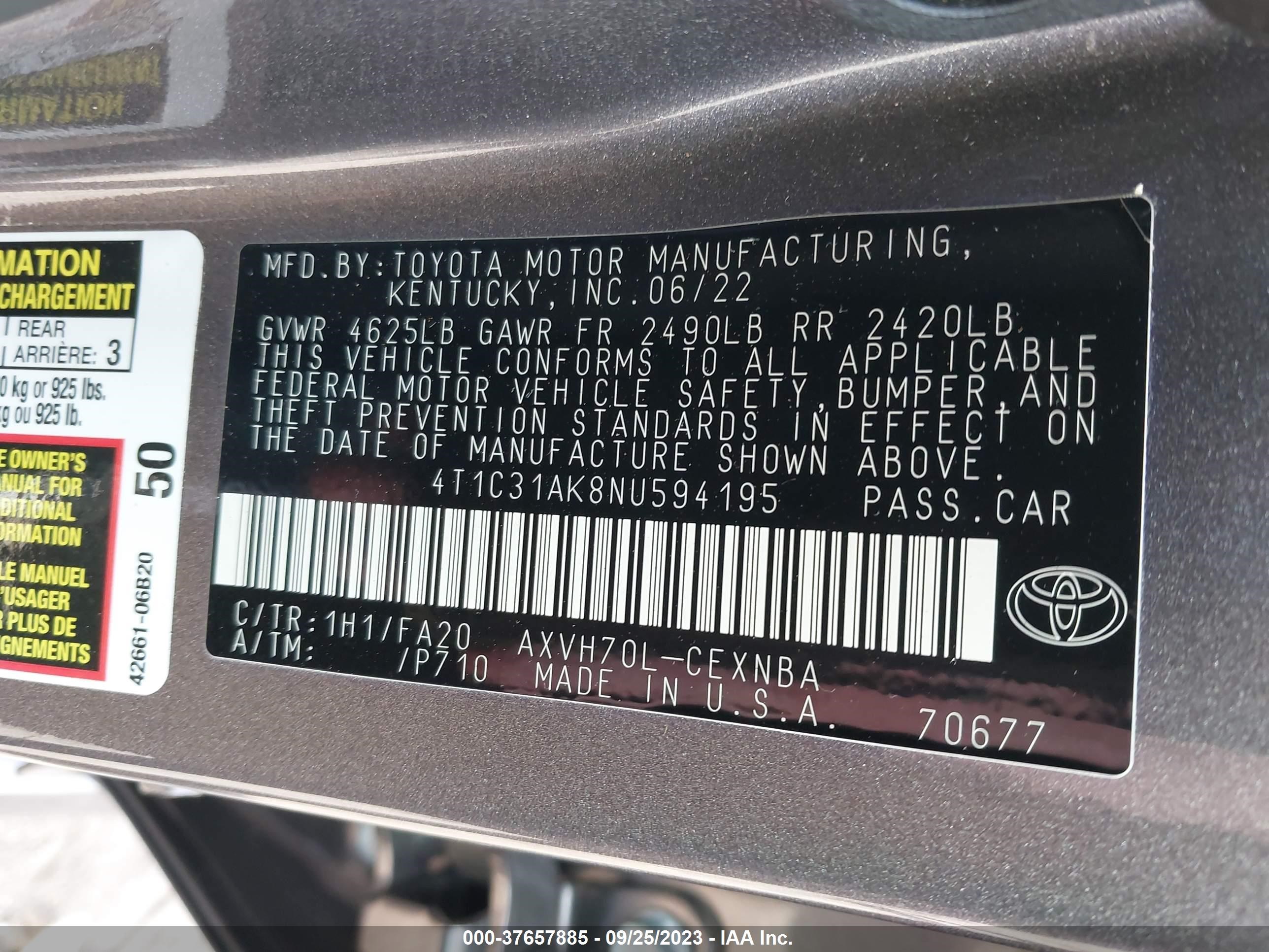 Photo 8 VIN: 4T1C31AK8NU594195 - TOYOTA CAMRY 