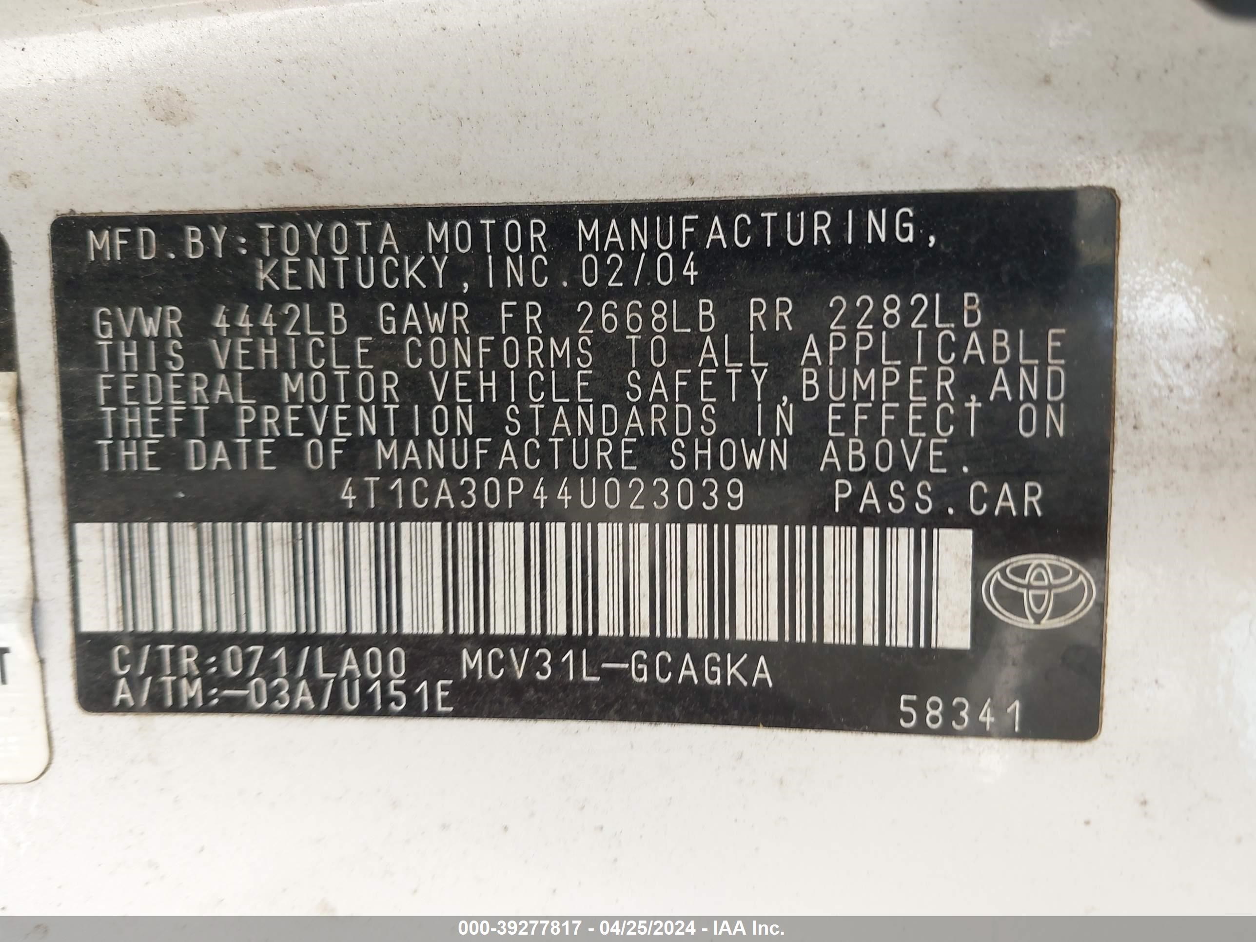 Photo 8 VIN: 4T1CA30P44U023039 - TOYOTA CAMRY SOLARA 