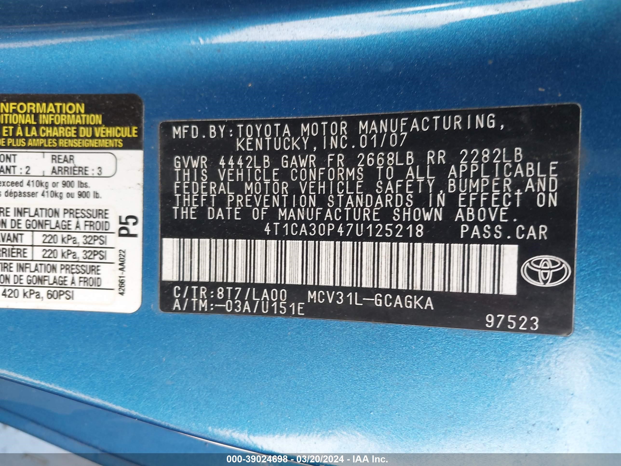 Photo 8 VIN: 4T1CA30P47U125218 - TOYOTA CAMRY SOLARA 