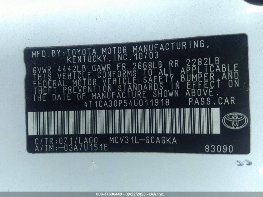 Photo 8 VIN: 4T1CA30P54U011918 - TOYOTA CAMRY SOLARA 