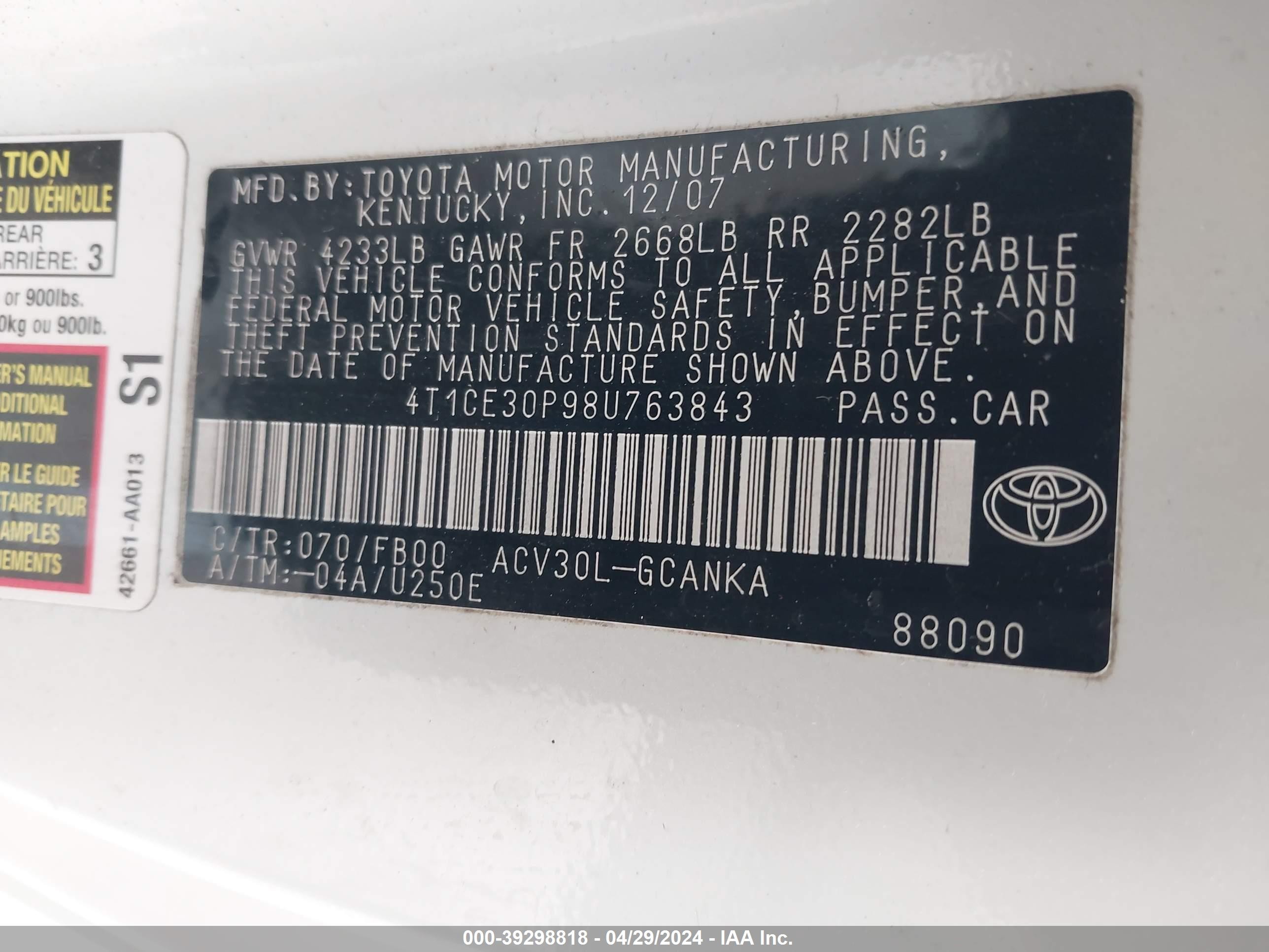 Photo 8 VIN: 4T1CE30P98U763843 - TOYOTA CAMRY SOLARA 