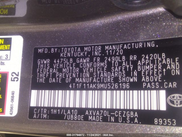 Photo 8 VIN: 4T1F11AK9MU526196 - TOYOTA CAMRY 