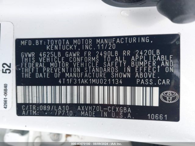 Photo 8 VIN: 4T1F31AK1MU021134 - TOYOTA CAMRY 