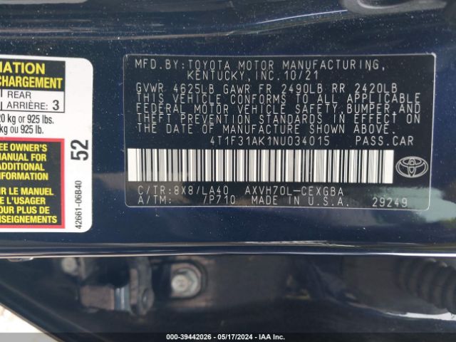 Photo 8 VIN: 4T1F31AK1NU034015 - TOYOTA CAMRY 