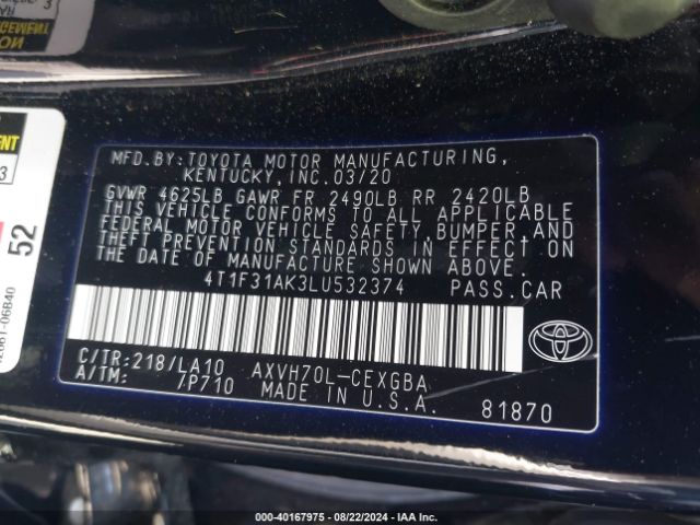 Photo 8 VIN: 4T1F31AK3LU532374 - TOYOTA CAMRY 