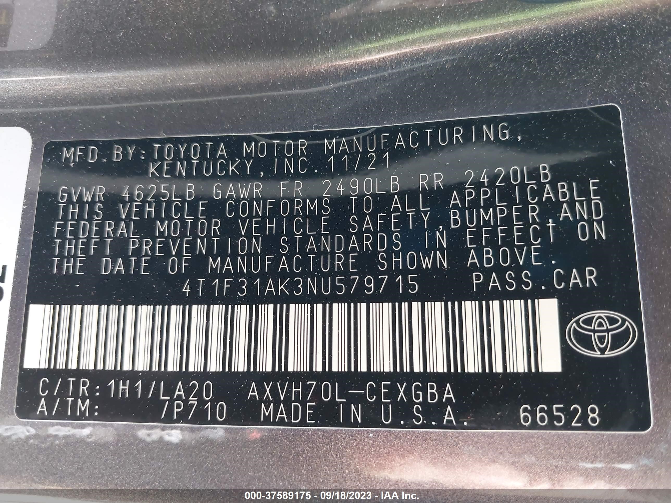 Photo 8 VIN: 4T1F31AK3NU579715 - TOYOTA CAMRY 