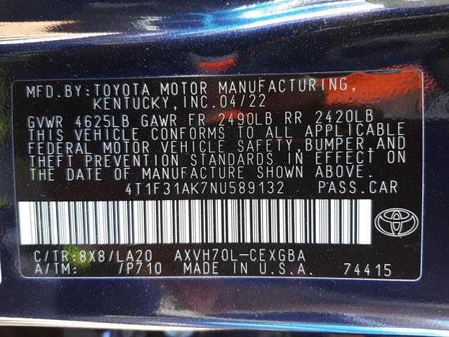 Photo 9 VIN: 4T1F31AK7NU589132 - TOYOTA CAMRY XLE 