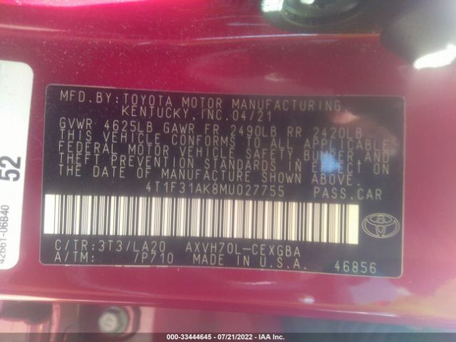 Photo 8 VIN: 4T1F31AK8MU027755 - TOYOTA CAMRY 