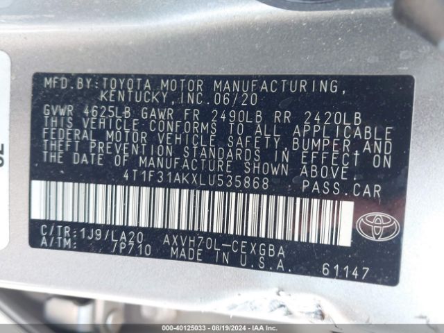 Photo 8 VIN: 4T1F31AKXLU535868 - TOYOTA CAMRY 