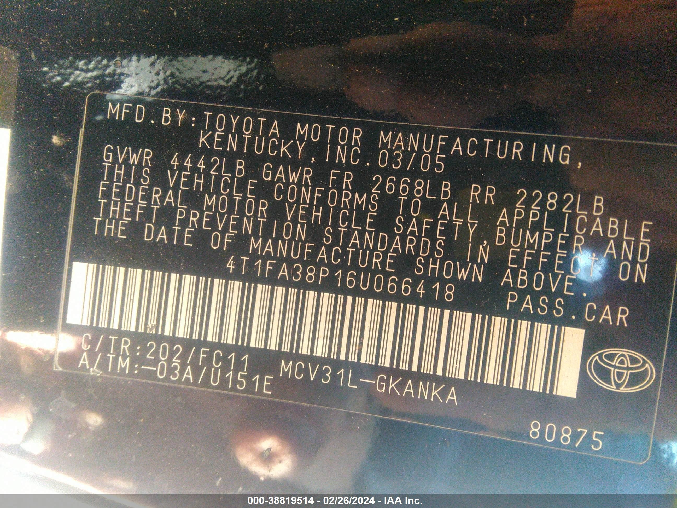 Photo 8 VIN: 4T1FA38P16U066418 - TOYOTA CAMRY SOLARA 