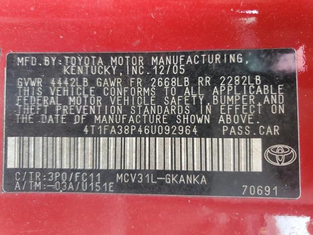 Photo 11 VIN: 4T1FA38P46U092964 - TOYOTA CAMRY SOLA 