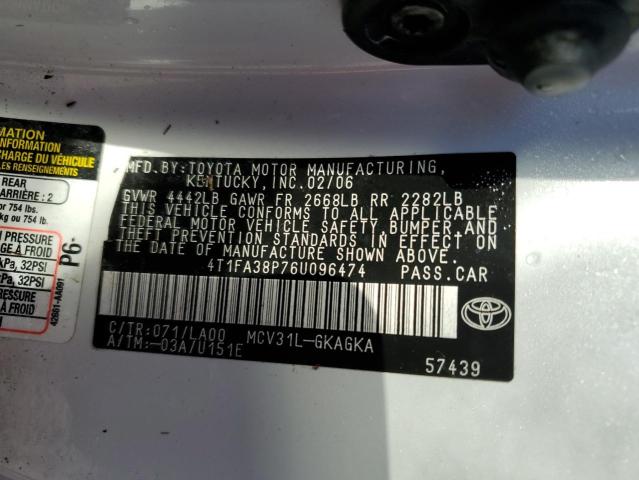 Photo 12 VIN: 4T1FA38P76U096474 - TOYOTA CAMRY SOLA 