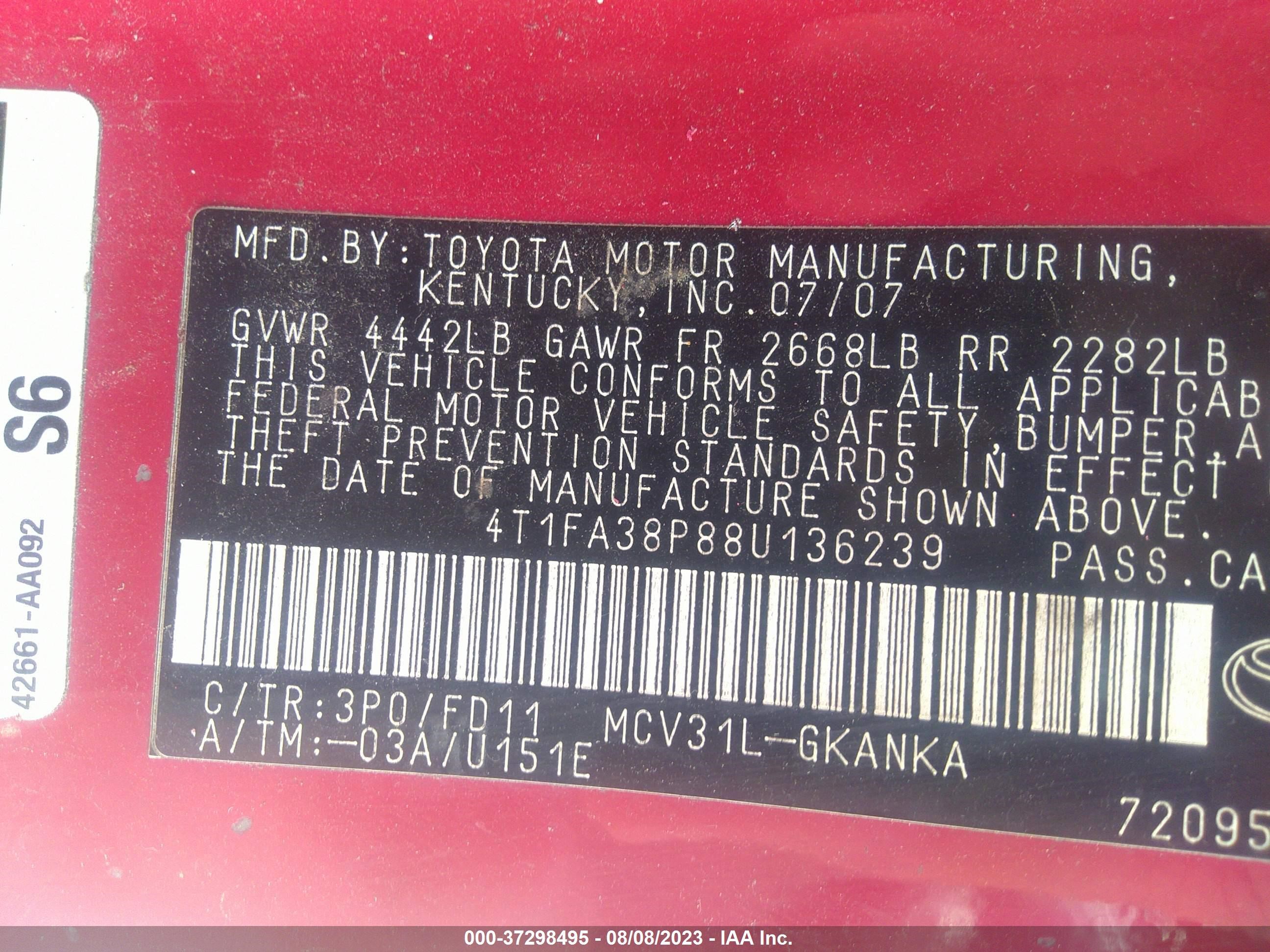 Photo 8 VIN: 4T1FA38P88U136239 - TOYOTA CAMRY SOLARA 