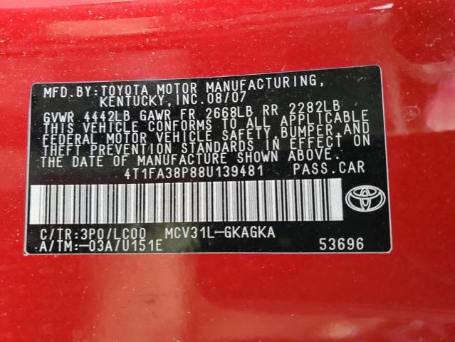 Photo 11 VIN: 4T1FA38P88U139481 - TOYOTA CAMRY SOLA 