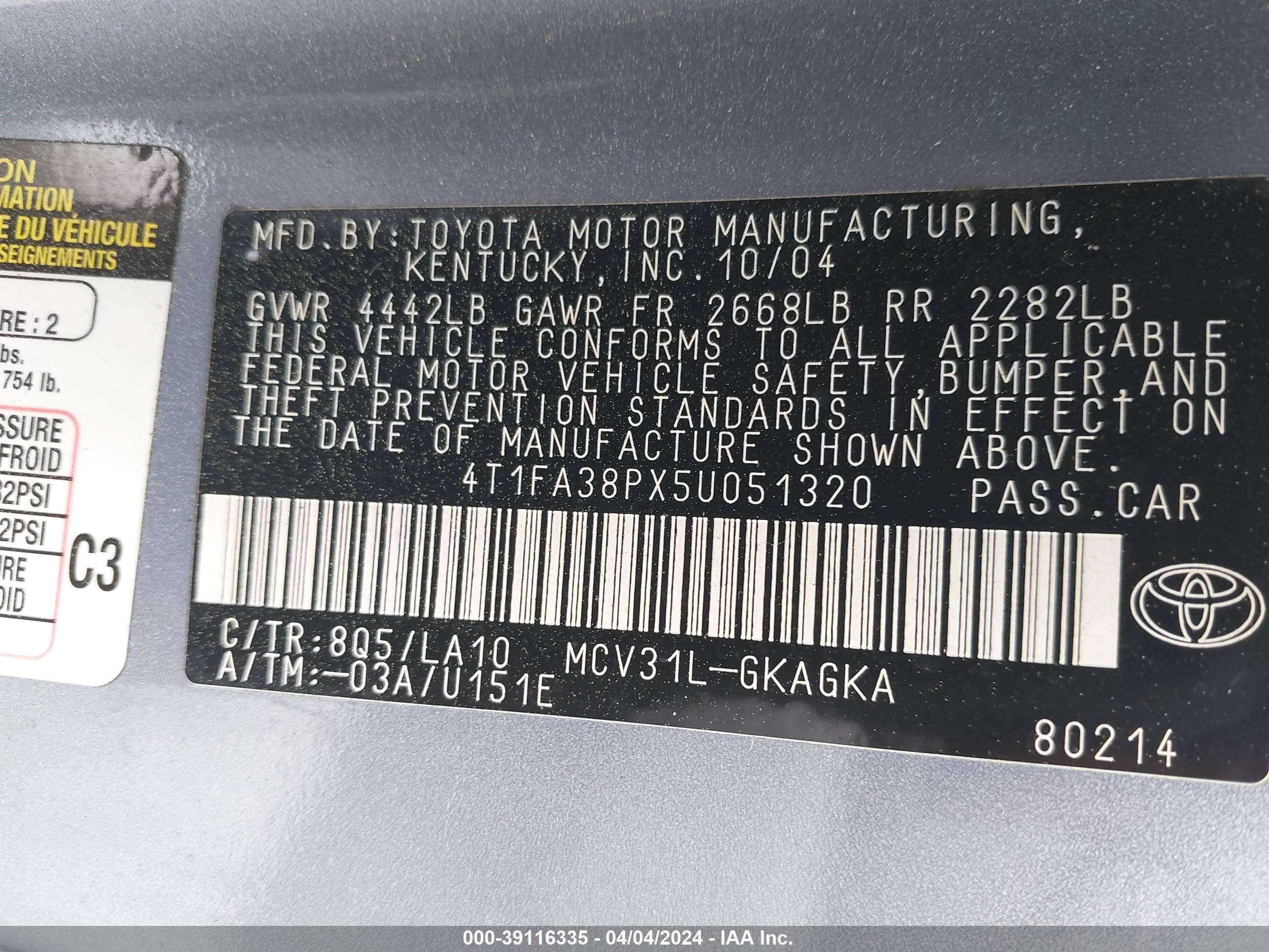 Photo 8 VIN: 4T1FA38PX5U051320 - TOYOTA CAMRY SOLARA 